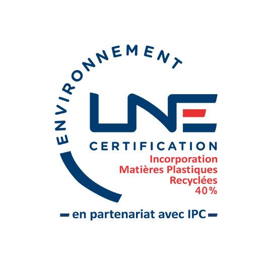 Logo Certification Matières Plastiques Recyclées par le LNE 40%