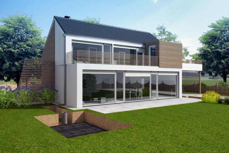 3D d'une maison avec un kit à la parcelle rainbox dans le jardin pour gestion des eaux pluviales